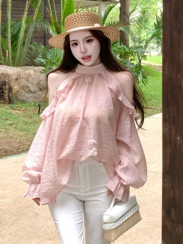 Elegant Windy Shoulder Bared Summer New Style Women's Shirt Neck Hanging Chiffon Sunscreen Top Slimming Design Casual Chic
Elegant Windy Shoulder Bared Summer New Style Women's Shirt Neck Hanging Chiffon Sunscreen Top Slimming Design Casual Chic