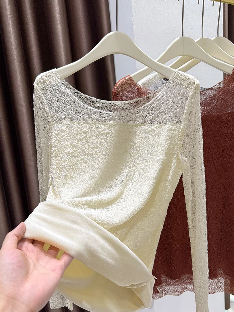 Fce Lined Hollow out Lace Base irt Women's Autumn Winter Thi Long Sve Warm Top French Sle Slim Fit round Ne
Fce Lined Hollow out Lace Base irt Women's Autumn Winter Thi Long Sve Warm Top French Sle Slim Fit round Ne