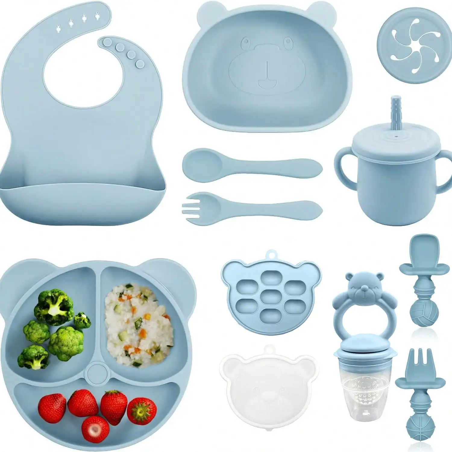 11-Piece Silicone Feeding Set, Including Bear Plate, Bear Bowl, Bear Food Pouch, Bear Food Container with Lid and Ice Tray, Baby Bib, Water Droplet Cup (with 2 Cup Lids, Can Be Used as Snack Cup or Straw Cup), Silicone
11-Piece Silicone Feeding Set, Including Bear Plate, Bear Bowl, Bear Food Pouch, Bear Food Container with Lid and Ice Tray, Baby Bib, Water Droplet Cup (with 2 Cup Lids, Can Be Used as Snack Cup or Straw Cup), Silicone
