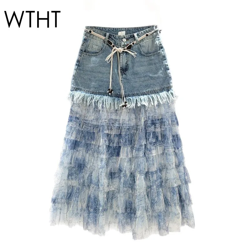 WTHT New Trendy Women's Denim Sppliced Multi Layer Mesh Long Skirts 2025 Summer Fashion High Waist A-line Skirt Female 1LS1334
WTHT New Trendy Women's Denim Sppliced Multi Layer Mesh Long Skirts 2025 Summer Fashion High Waist A-line Skirt Female 1LS1334