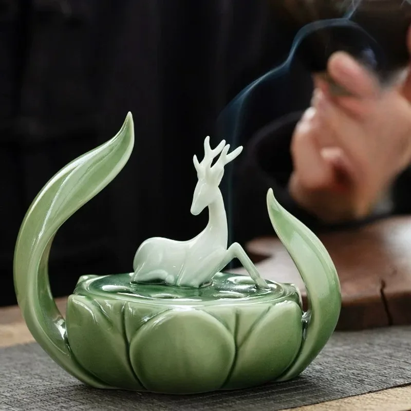 Lotus and Deer Incense Burner Elegant Zen Style Holder for Home Fragrance and Meditation Decor Creative Ceramics Handicraft
Lotus and Deer Incense Burner Elegant Zen Style Holder for Home Fragrance and Meditation Decor Creative Ceramics Handicraft