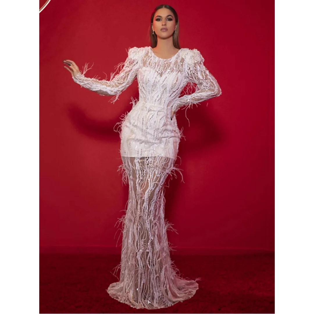 Женское облегающее платье с длинным рукавом, Сетчатое платье с перьями и блестками, элегантное вечернее платье для выпускного вечера, лето 
Женское облегающее платье с длинным рукавом, Сетчатое платье с перьями и блестками, элегантное вечернее платье для выпускного вечера, лето