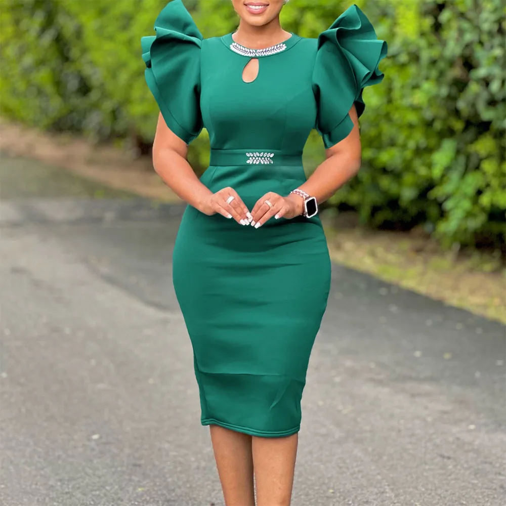 Elegant Bodycon Dresses for Women 2025 New Summer O Neck Ruffles Sleeve Sheath Solid Package Hips Mid Calf Formal Business Dress
Elegant Bodycon Dresses for Women 2025 New Summer O Neck Ruffles Sleeve Sheath Solid Package Hips Mid Calf Formal Business Dress