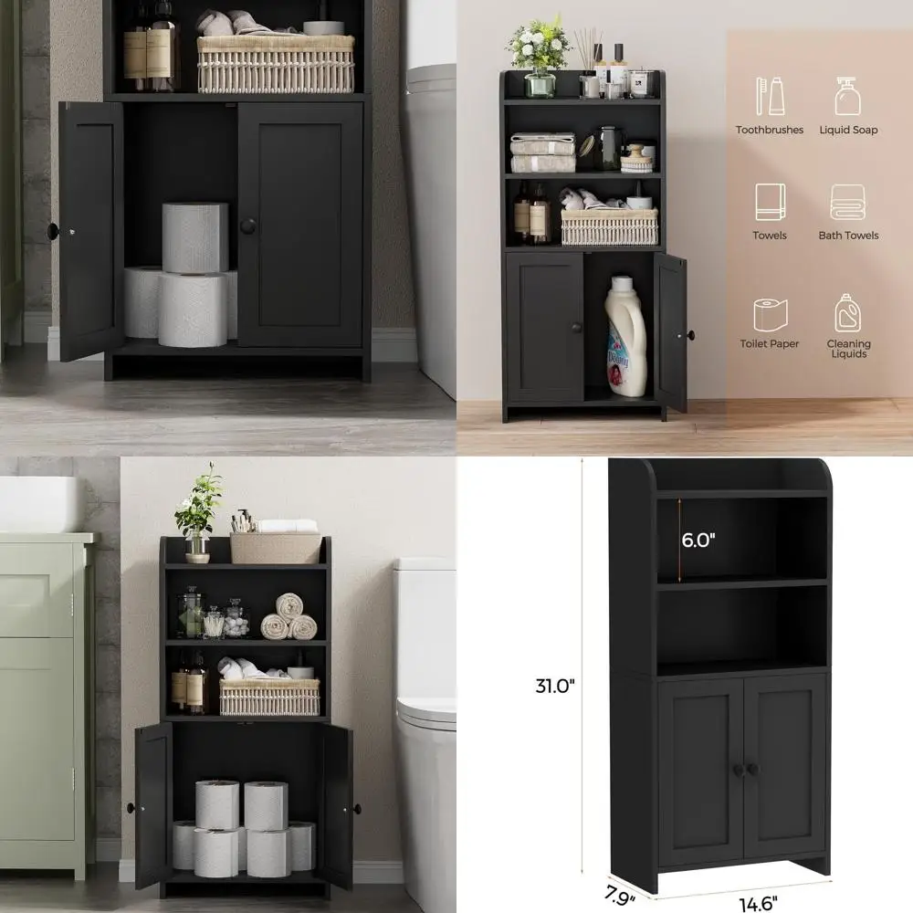 Компактный отдельностоящий шкаф с 2 дверцами и полками для хранения в ванной и прачечной, идеально подходит для небольших помещений, черный
Компактный отдельностоящий шкаф с 2 дверцами и полками для хранения в ванной и прачечной, идеально подходит для небольших помещений, черный