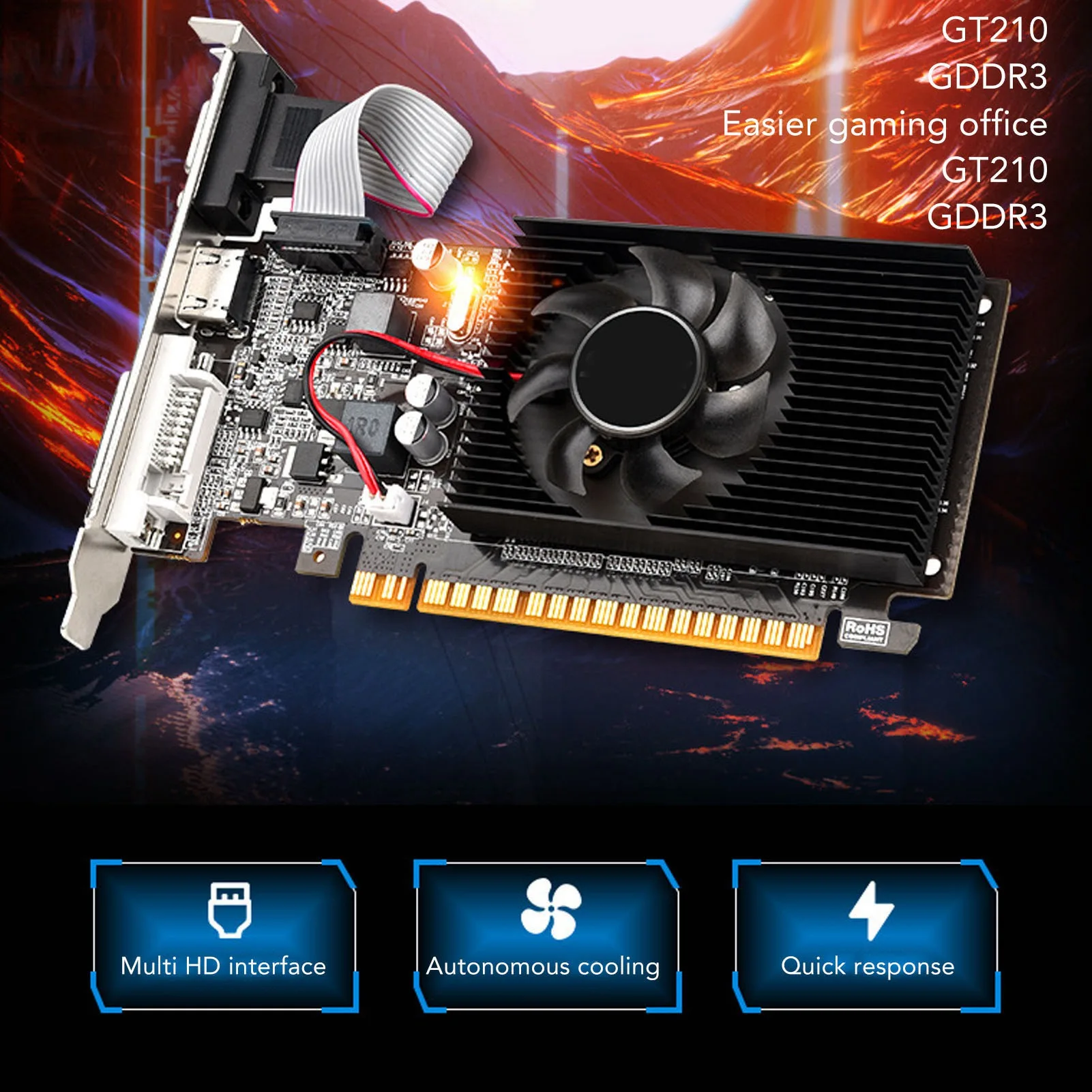 Видеокарта для ПК GT210 1G DDR3 64-битный мультимедийный интерфейс HD 589 МГц Поддержка частоты Видеокарта VGA DVI для компьютера
Видеокарта для ПК GT210 1G DDR3 64-битный мультимедийный интерфейс HD 589 МГц Поддержка частоты Видеокарта VGA DVI для компьютера