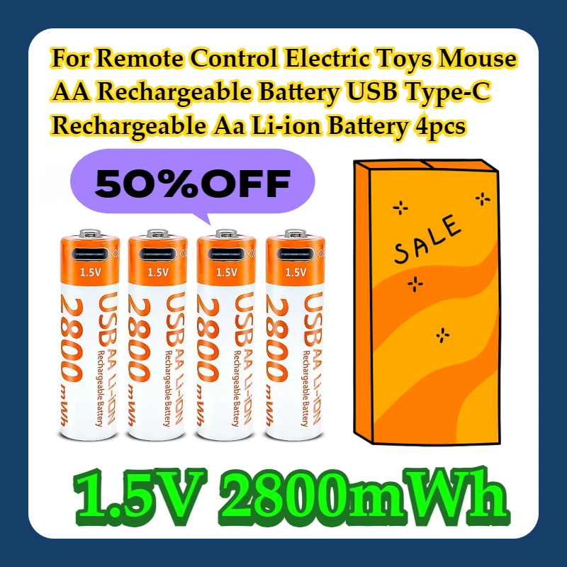 For Remote Control Electric Toys Mouse 1.5V 2800mWh AA Rechargeable Battery USB Type-C Rechargeable Aa Li-ion Battery 4pcs
For Remote Control Electric Toys Mouse 1.5V 2800mWh AA Rechargeable Battery USB Type-C Rechargeable Aa Li-ion Battery 4pcs