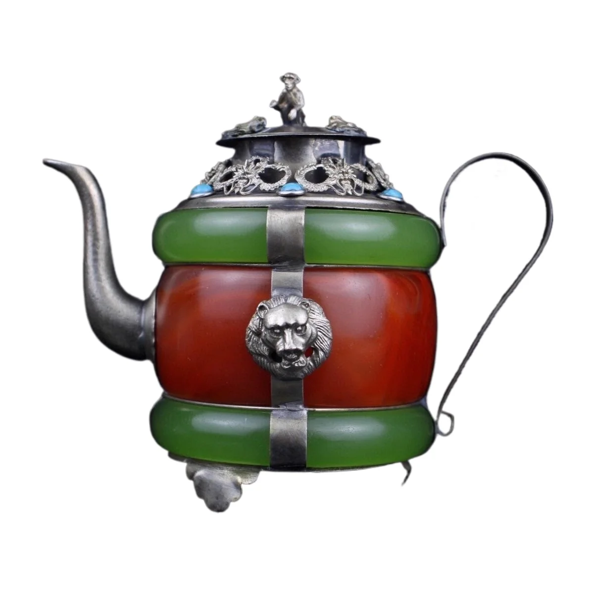 Китайский ручной работы, старый зеленый и красный нефритовый инкрустация, тибетский серебряный чайник с изображением льва
Китайский ручной работы, старый зеленый и красный нефритовый инкрустация, тибетский серебряный чайник с изображением льва