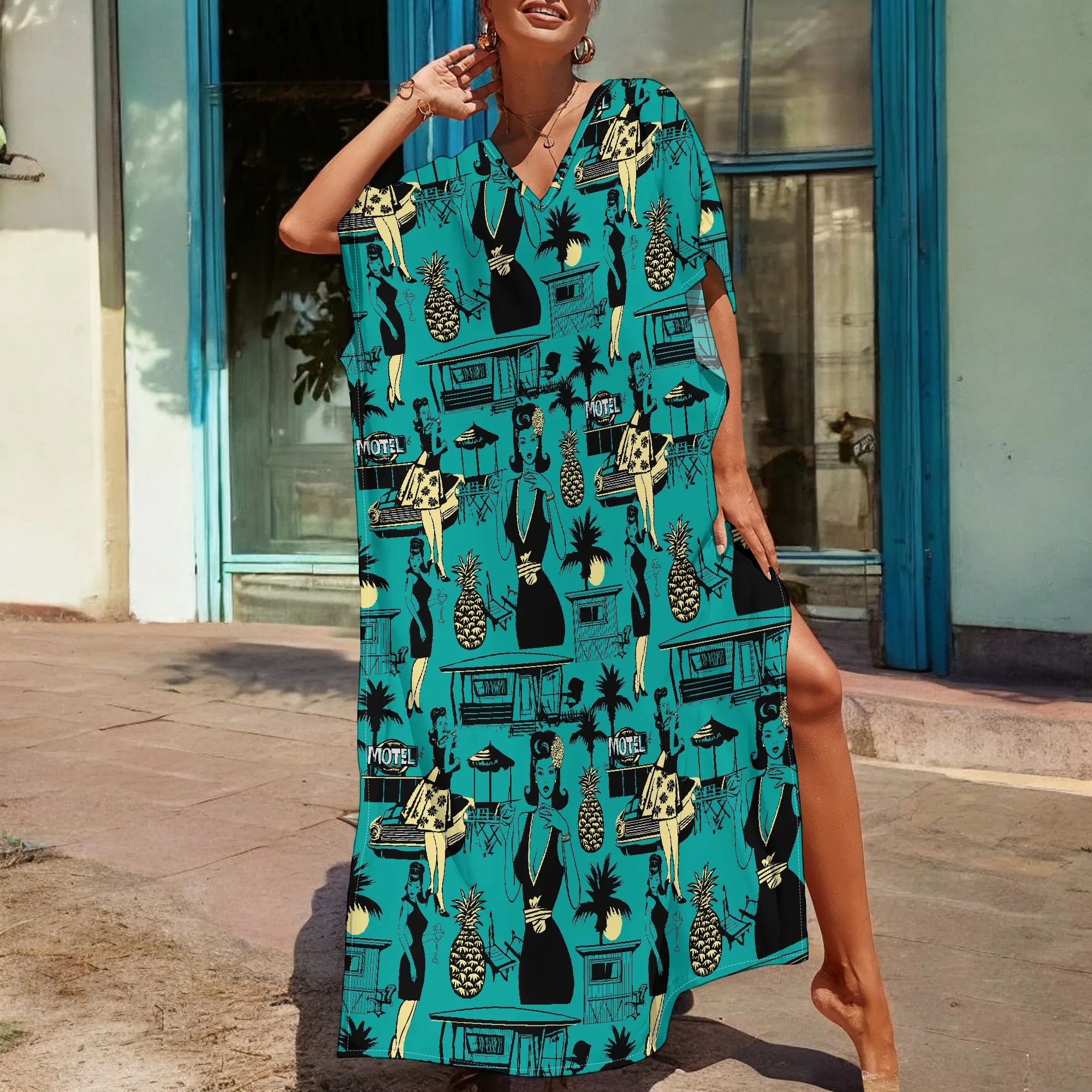 Retro Motel Print Kaftan Dress S-3XL – Vibrant Tropical Design with Pineapples and Women’s Silhouettes
Retro Motel Print Kaftan Dress S-3XL – Vibrant Tropical Design with Pineapples and Women’s Silhouettes