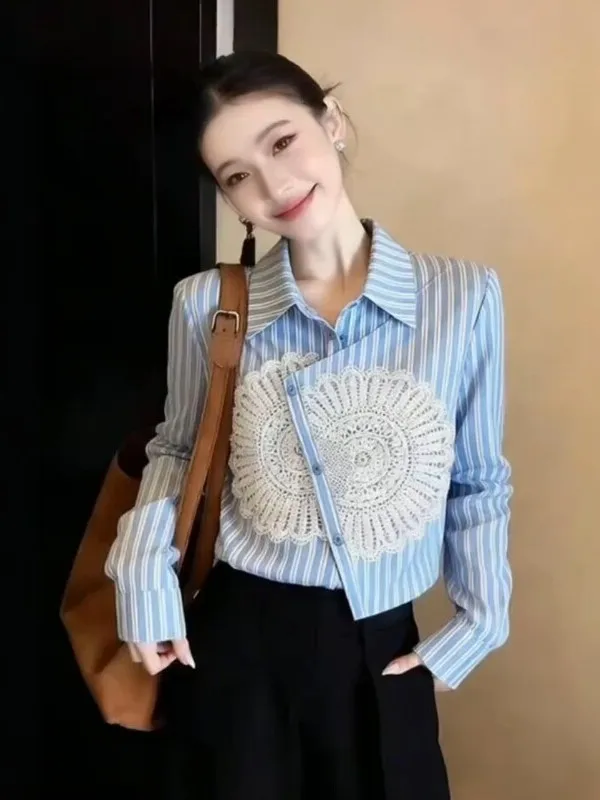 Ele Blue Lace Patchwork Women's irt Spring Commute Sle Korean Version Straight Cut Long Sve Collar Ci Walk
Ele Blue Lace Patchwork Women's irt Spring Commute Sle Korean Version Straight Cut Long Sve Collar Ci Walk