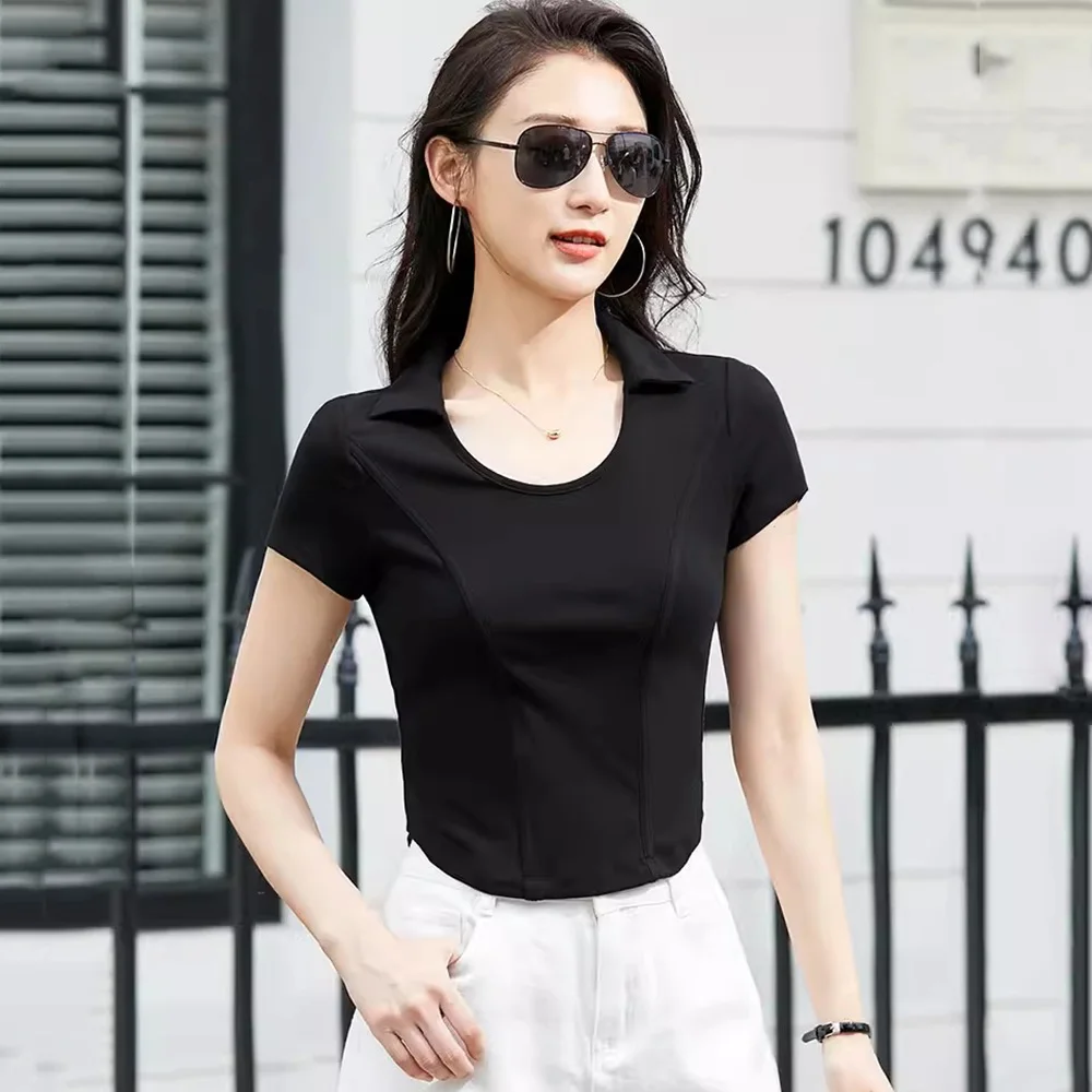 Women Hotsweet Sexy T-shirt Summer New Fashion Turn-down Collar Short Sleeve Skinny Tees Tops Simplicity Short Cotton T-shirt
Women Hotsweet Sexy T-shirt Summer New Fashion Turn-down Collar Short Sleeve Skinny Tees Tops Simplicity Short Cotton T-shirt