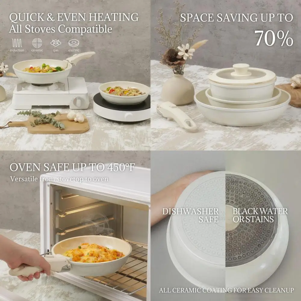 Набор посуды из 8 предметов с антипригарным покрытием со съемными ручками, кремово-белый, можно мыть в духовке и в посудомоечной машине
Набор посуды из 8 предметов с антипригарным покрытием со съемными ручками, кремово-белый, можно мыть в духовке и в посудомоечной машине