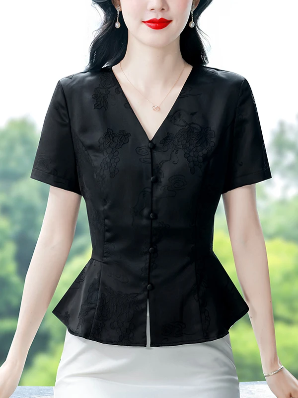 Elegant V-neck Satin Shirt Women's Summer New Style Commute Black Floral Embroidery Short Sleeve Slim Fit Business Casual Top
Elegant V-neck Satin Shirt Women's Summer New Style Commute Black Floral Embroidery Short Sleeve Slim Fit Business Casual Top