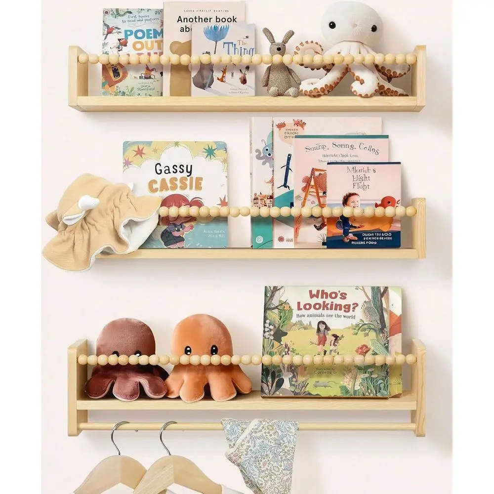 Solid Wood Nursery Floating Shelves, 24 Inch Kids Wall Mounted Bookshelf With Wooden Bead Design, Cute Home Decor Wall Shelving
Solid Wood Nursery Floating Shelves, 24 Inch Kids Wall Mounted Bookshelf With Wooden Bead Design, Cute Home Decor Wall Shelving