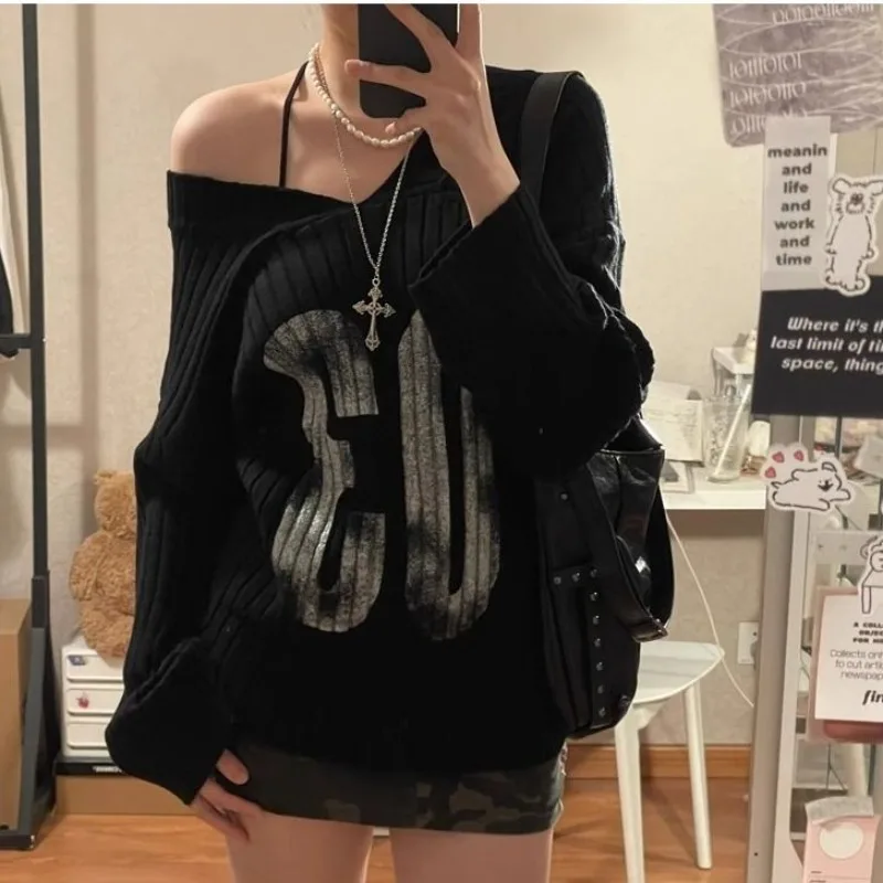 American Digital Printed V-neck Knitted Pullovers Y2k Lazy Vintage Sweater for Women Black Off Shoulder Long Sleeve Tops Mujer
American Digital Printed V-neck Knitted Pullovers Y2k Lazy Vintage Sweater for Women Black Off Shoulder Long Sleeve Tops Mujer
