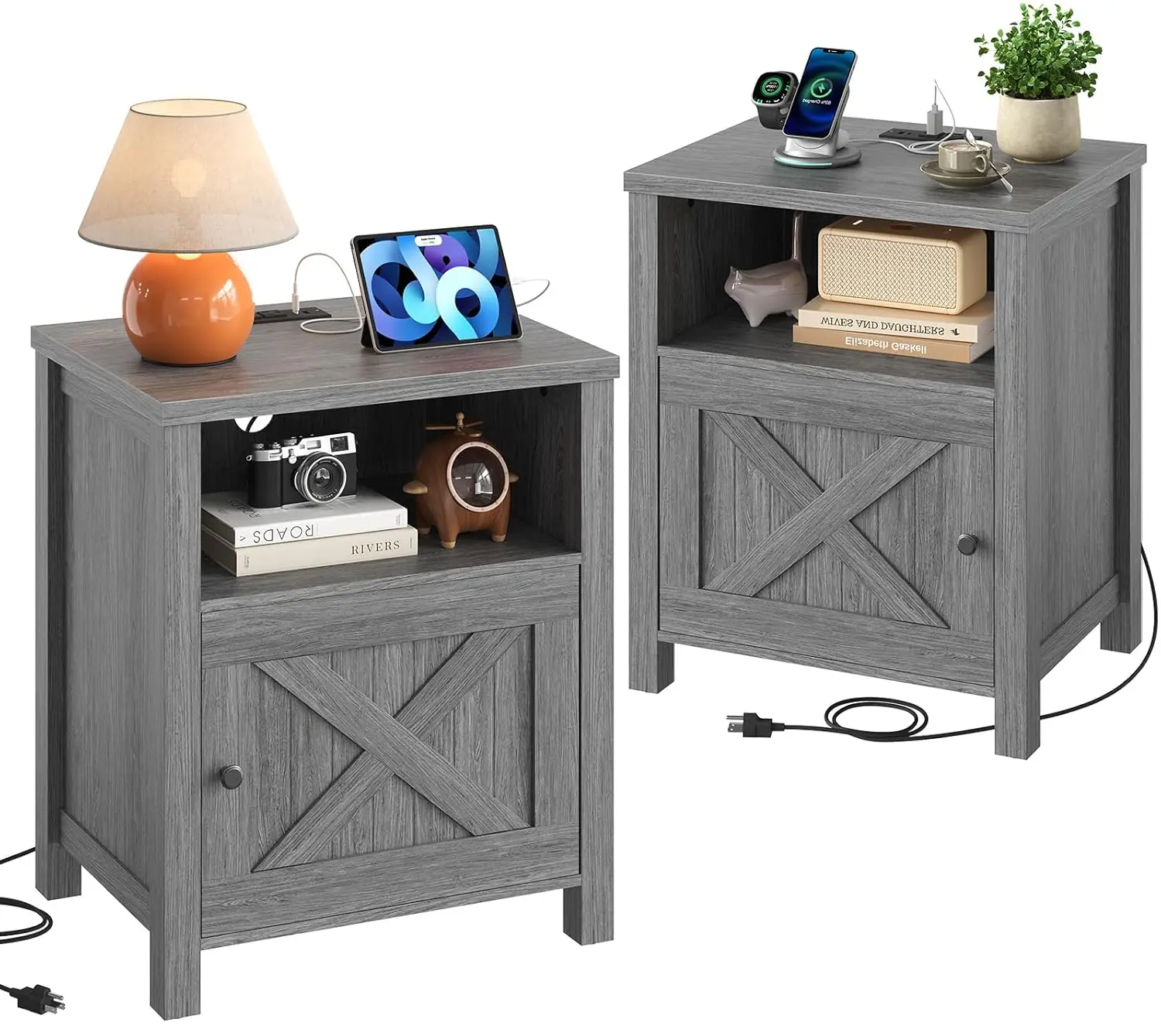 Farmhouse Nightstand Set 2 with Charging Station USB & AC Outlet Open Shelf Cabinet Storage Bedroom Grey, Customized
Farmhouse Nightstand Set 2 with Charging Station USB & AC Outlet Open Shelf Cabinet Storage Bedroom Grey, Customized