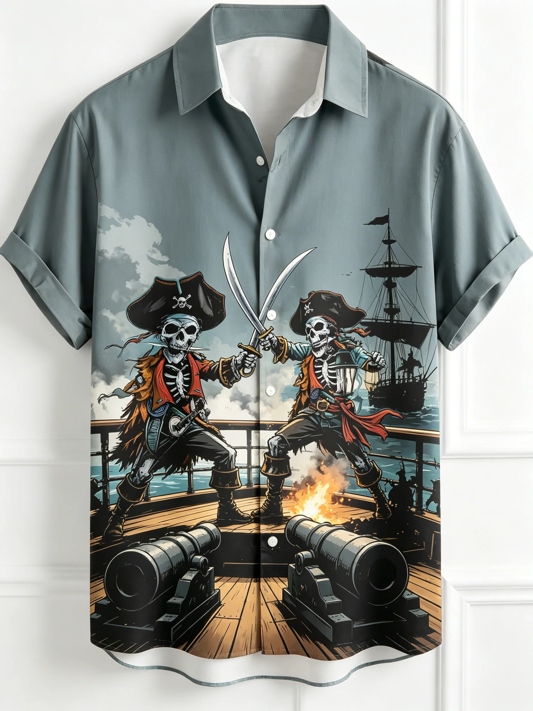 Men's Teal Skeleton Pirate Duel Print Button Up Shirt, Turndown Collar Tops for Spring Summer Vacation Casual Streetwear Wear
Men's Teal Skeleton Pirate Duel Print Button Up Shirt, Turndown Collar Tops for Spring Summer Vacation Casual Streetwear Wear