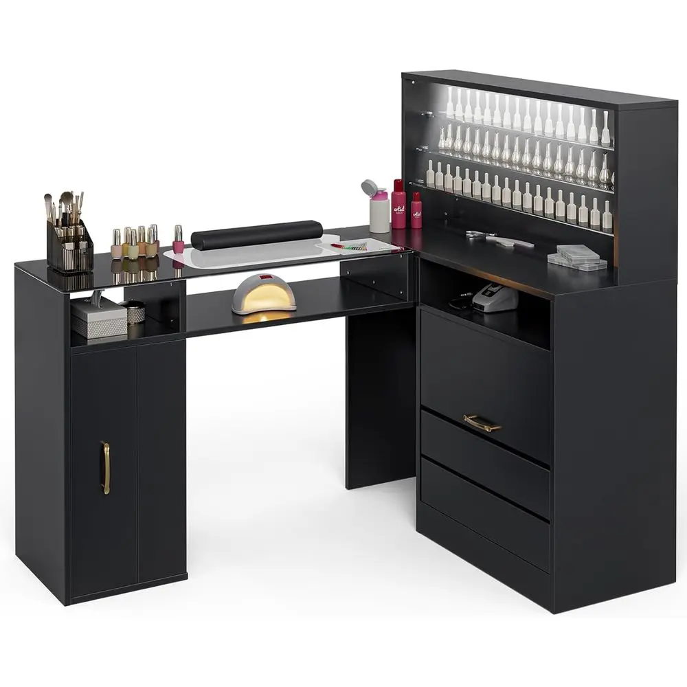 L-Shaped Glass Top Manicure Table with LED Light, Storage Shelves, and Wrist Cushion (Black)
L-Shaped Glass Top Manicure Table with LED Light, Storage Shelves, and Wrist Cushion (Black)