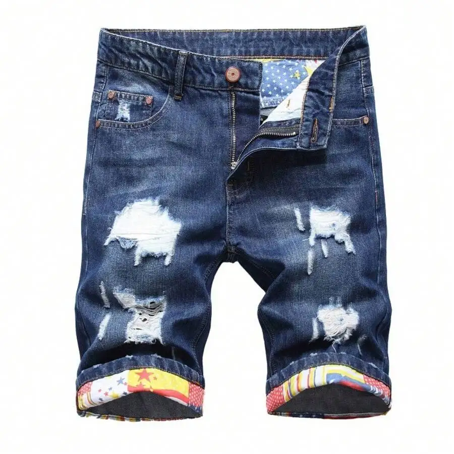 Mens Ripped Denim Shorts With Distressed Design And Colorful Cuff
Mens Ripped Denim Shorts With Distressed Design And Colorful Cuff