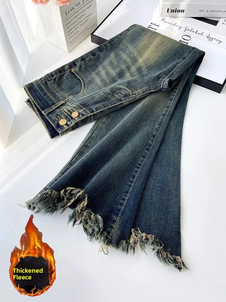 High Waist Flared Denim Jeans Frayed Tassel Thickened Retro Hoof Pants Women's Fashion Winter Wear Comfortable Stretchy
High Waist Flared Denim Jeans Frayed Tassel Thickened Retro Hoof Pants Women's Fashion Winter Wear Comfortable Stretchy