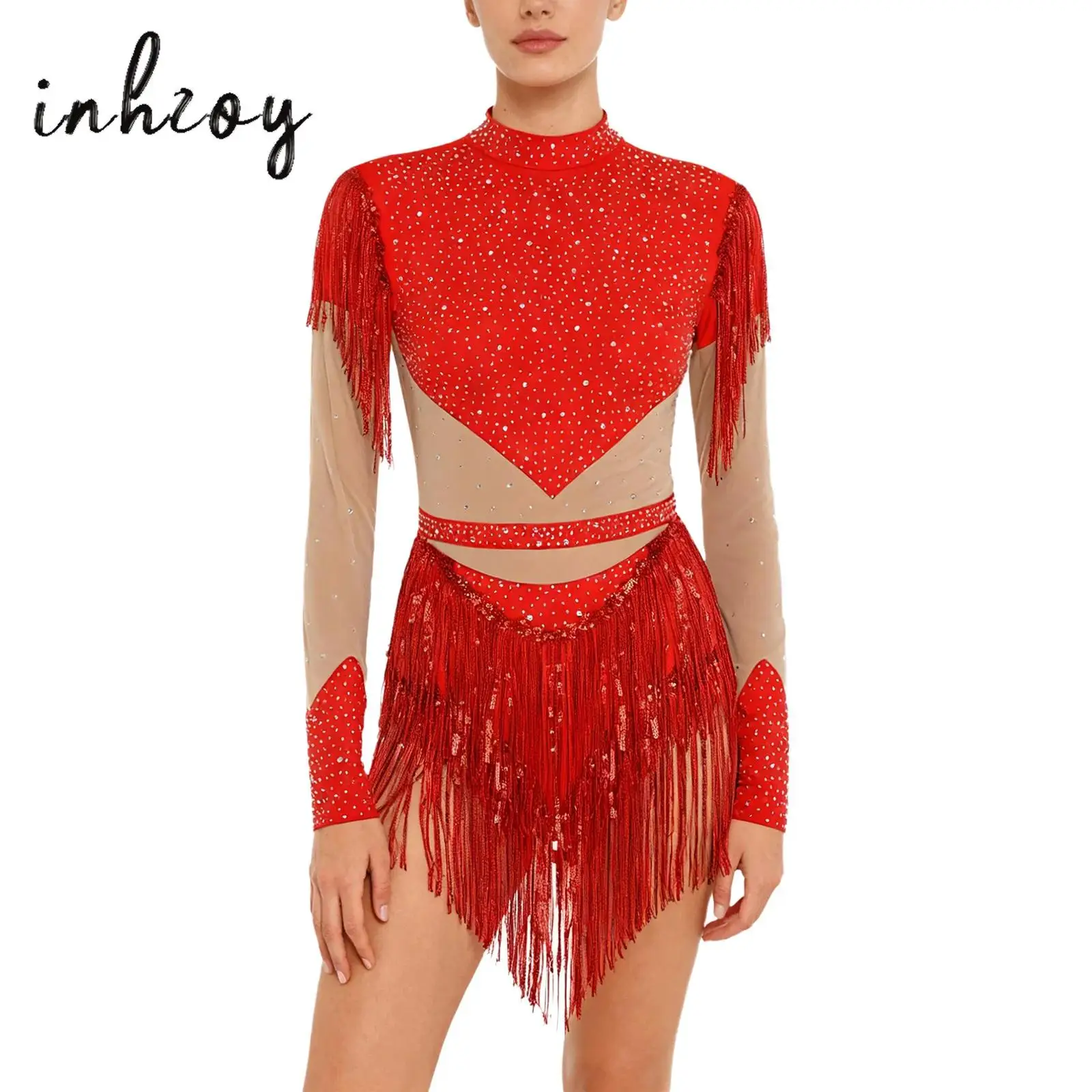Womens Latin Chacha Dance Leotard Dress Rhinestone Sequin Tassel Long Sleeve Back Zip Contrast Color Bodysuit for Figure Skating
Womens Latin Chacha Dance Leotard Dress Rhinestone Sequin Tassel Long Sleeve Back Zip Contrast Color Bodysuit for Figure Skating
