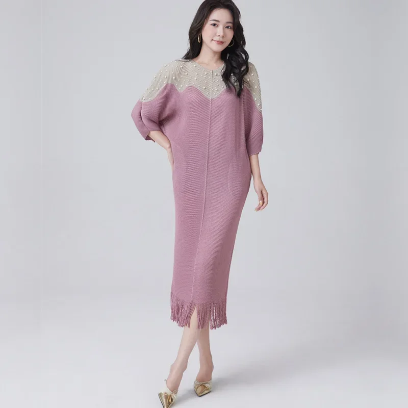 Miyake Pleated Dress Women's Summer Blocking Round Neck Short Sleeve Loose Pleated Tassel Long Dress with Elasticity Elegan
Miyake Pleated Dress Women's Summer Blocking Round Neck Short Sleeve Loose Pleated Tassel Long Dress with Elasticity Elegan