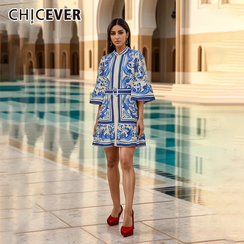 CHICEVER Floral Printing Dresses For Women Stand Collar Long Sleeve High Waist Spiced Lace Up Blue Dress Runway Female Clothing
CHICEVER Floral Printing Dresses For Women Stand Collar Long Sleeve High Waist Spiced Lace Up Blue Dress Runway Female Clothing