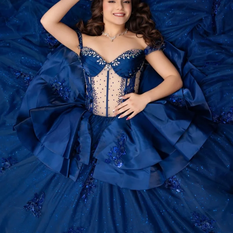 Dark Blue Quinceanera Dress off-shoulder Glitter 3D Flower Decal Layering Long tail vestidos de 15 Quinceanera Customize
Dark Blue Quinceanera Dress off-shoulder Glitter 3D Flower Decal Layering Long tail vestidos de 15 Quinceanera Customize