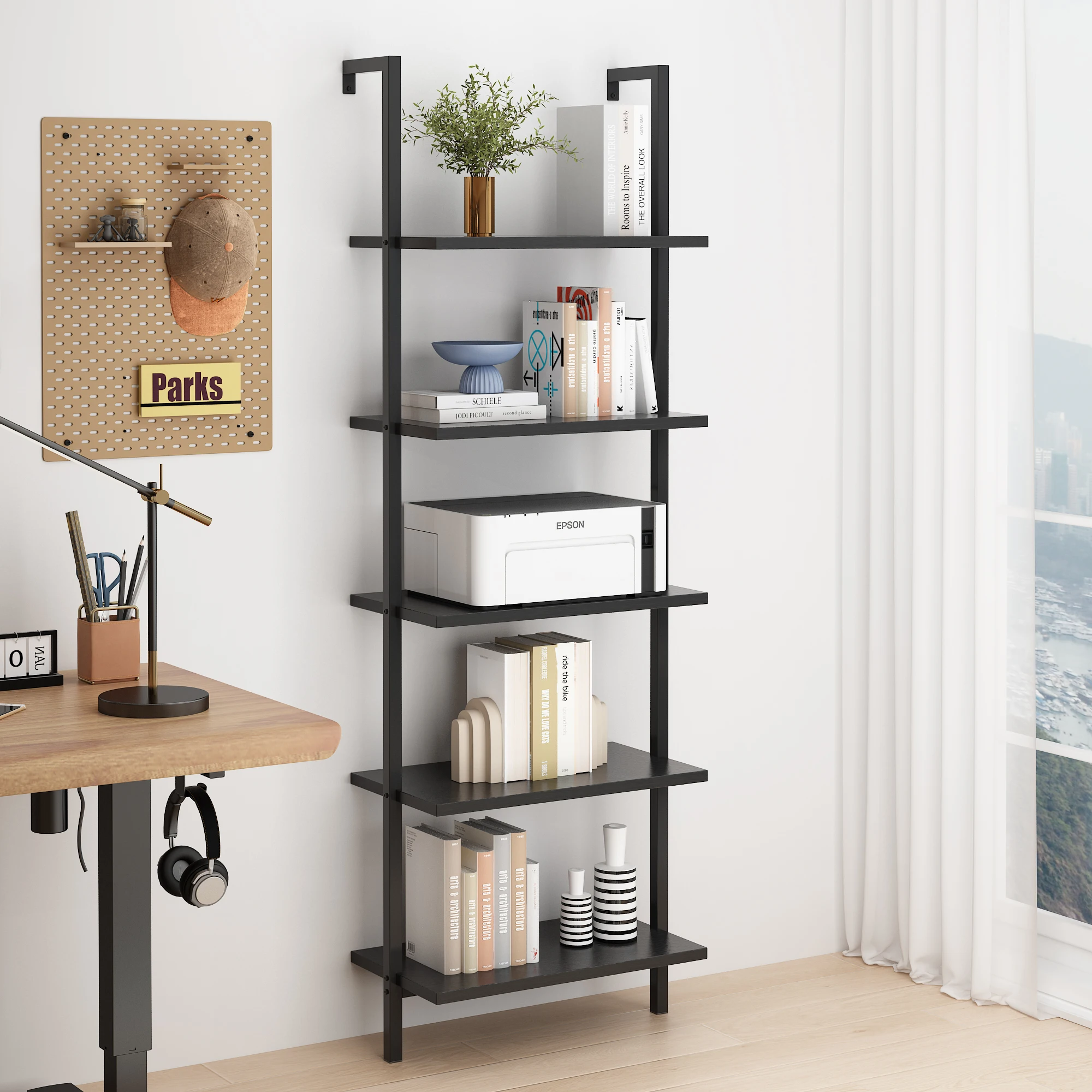 5-layer wall-mounted household steel-wood shelf, density board, iron frame, 61*30.5*182.88cm, black walnut color board, black frame
5-layer wall-mounted household steel-wood shelf, density board, iron frame, 61*30.5*182.88cm, black walnut color board, black frame
