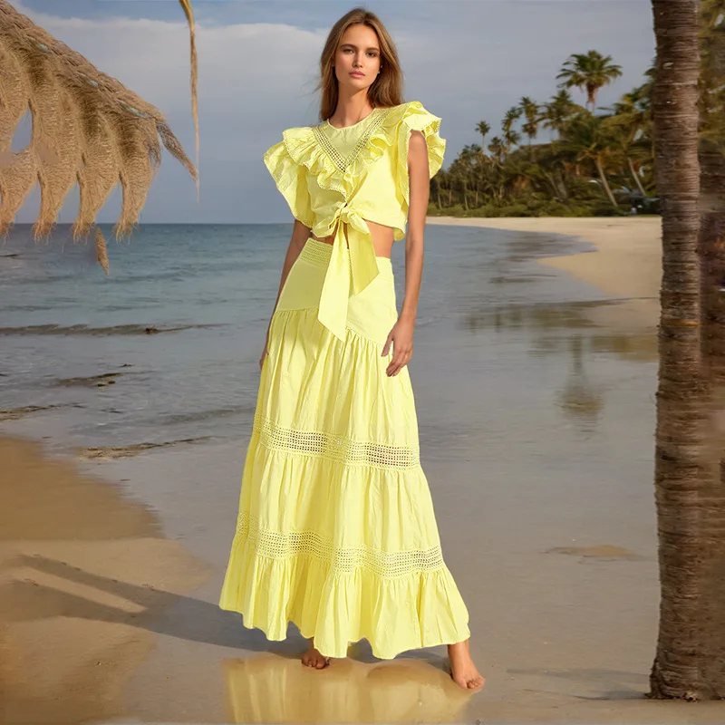 2024 Solid Hollow Out Two Piece Sets for Women Round Neck Short Sleeve Tops High Waist Long Skirts Casual Set Female Fahsion New
2024 Solid Hollow Out Two Piece Sets for Women Round Neck Short Sleeve Tops High Waist Long Skirts Casual Set Female Fahsion New
