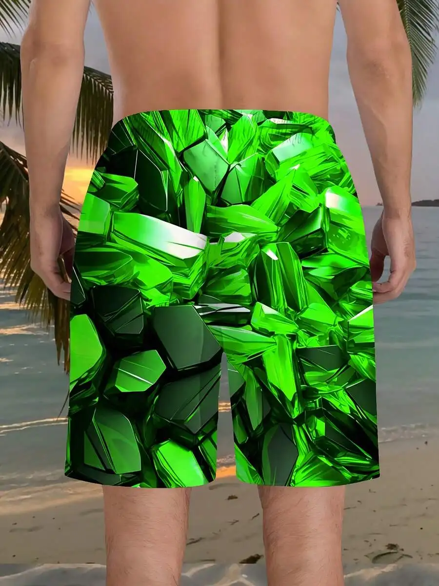 Mens Five-Quarter Beach Shorts With 3D Green Crystal Print, Quick Dry, Machine Washable
Mens Five-Quarter Beach Shorts With 3D Green Crystal Print, Quick Dry, Machine Washable