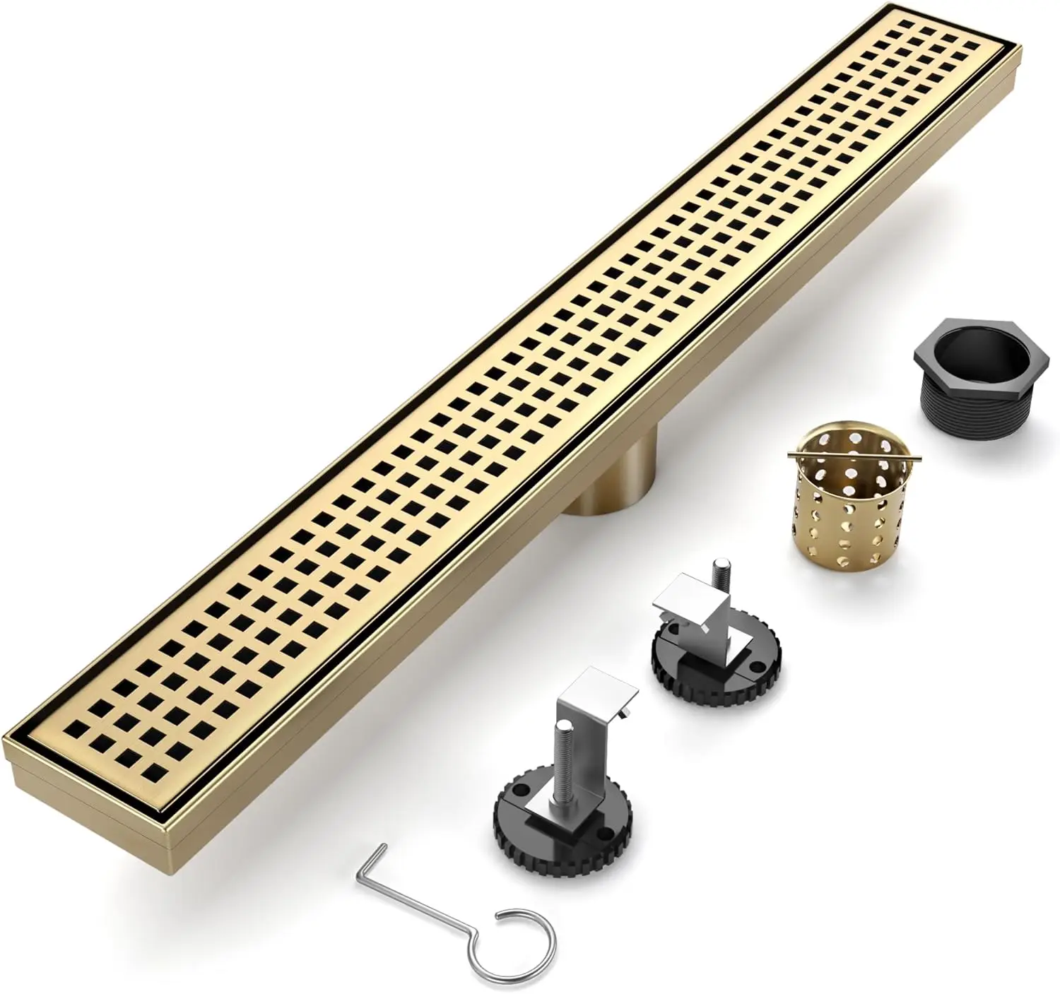 32-In Brushed Gold Linear Shower Drain,304 Stainless Steel, Adjustable Feet and Hair Strainer for Bathroom or Balcony
32-In Brushed Gold Linear Shower Drain,304 Stainless Steel, Adjustable Feet and Hair Strainer for Bathroom or Balcony