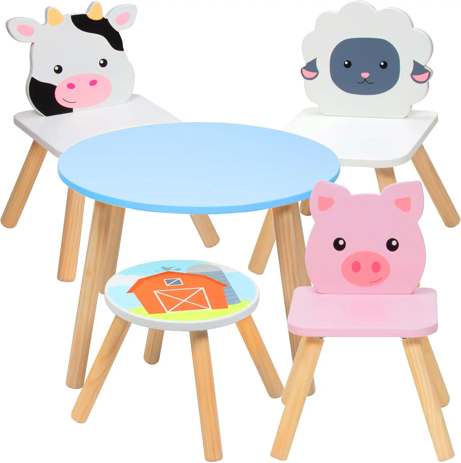 Kids Wooden Animal Table & Chair Set w 4 Seats- Cute for Easter Arts & Crafts- Cow Pig Sheep plus Adult Stool- Coloring, Dining,
Kids Wooden Animal Table & Chair Set w 4 Seats- Cute for Easter Arts & Crafts- Cow Pig Sheep plus Adult Stool- Coloring, Dining,