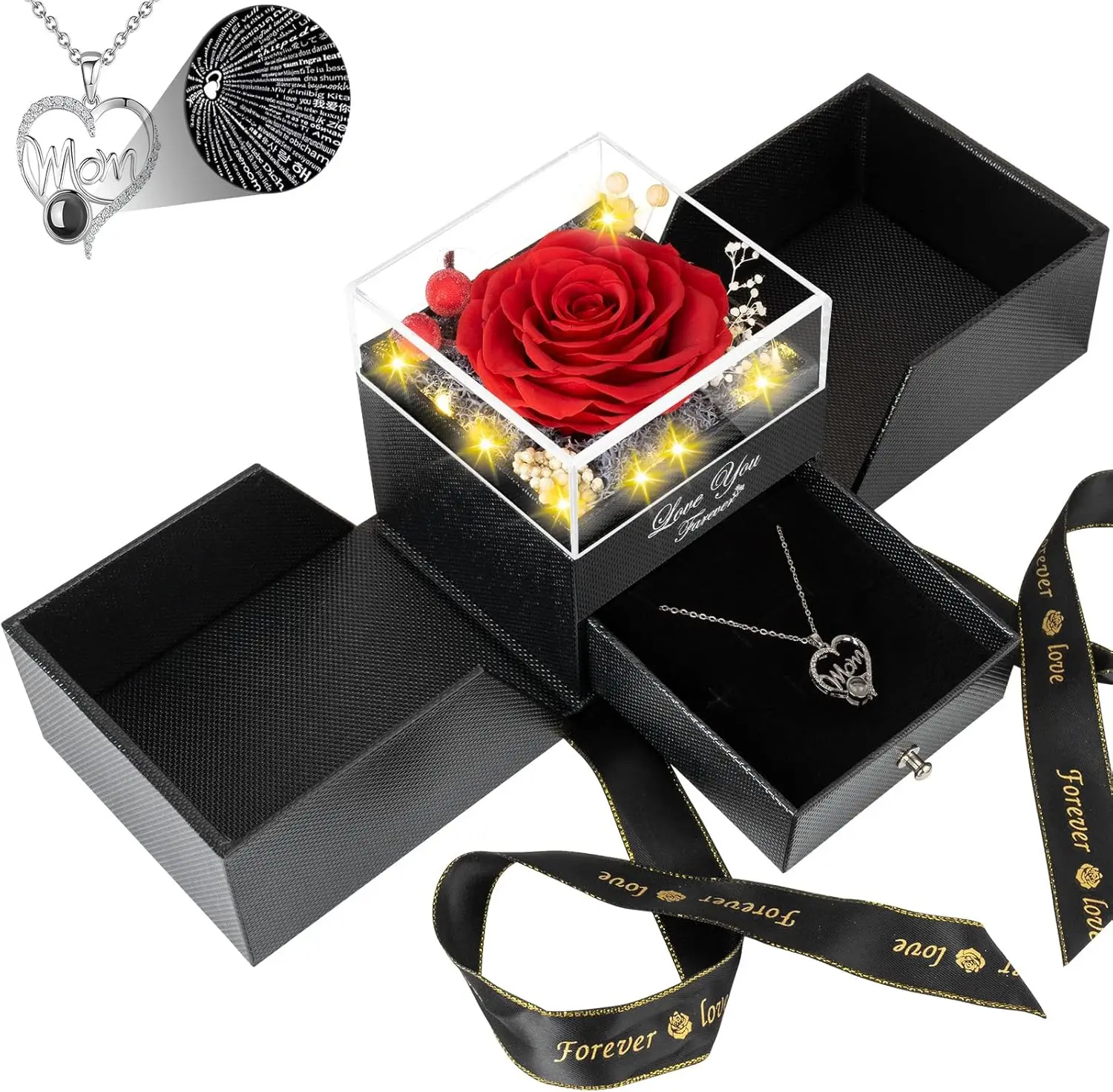 Unique Mother's Day Birthday Gift Idea: Preserved Red Real Roses with I Love You in 100 Languages Necklace for Mom
Unique Mother's Day Birthday Gift Idea: Preserved Red Real Roses with I Love You in 100 Languages Necklace for Mom