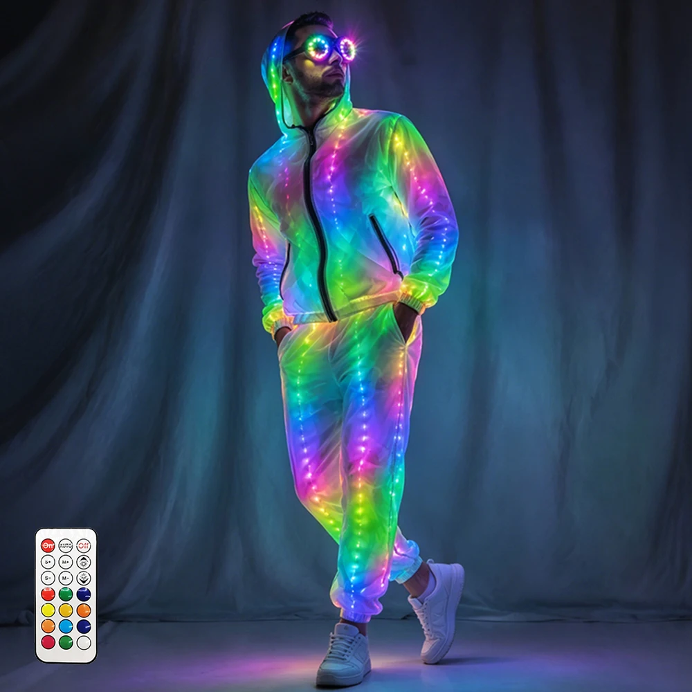 Glow in the Dark LED Tracksuit Full Set Light Up Hoodie and Pants for Music Festival and Party
Glow in the Dark LED Tracksuit Full Set Light Up Hoodie and Pants for Music Festival and Party