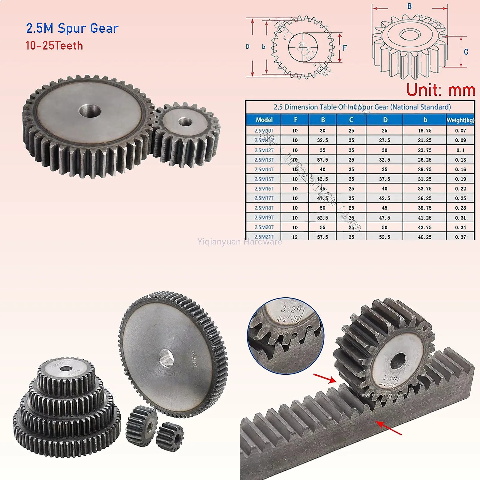 Yiqianyuan 2.5M Spur Gear 10-25 Teeth 45# Steel High Frequency Quenching Motor Transmission Gears 20mm Thickness
Yiqianyuan 2.5M Spur Gear 10-25 Teeth 45# Steel High Frequency Quenching Motor Transmission Gears 20mm Thickness