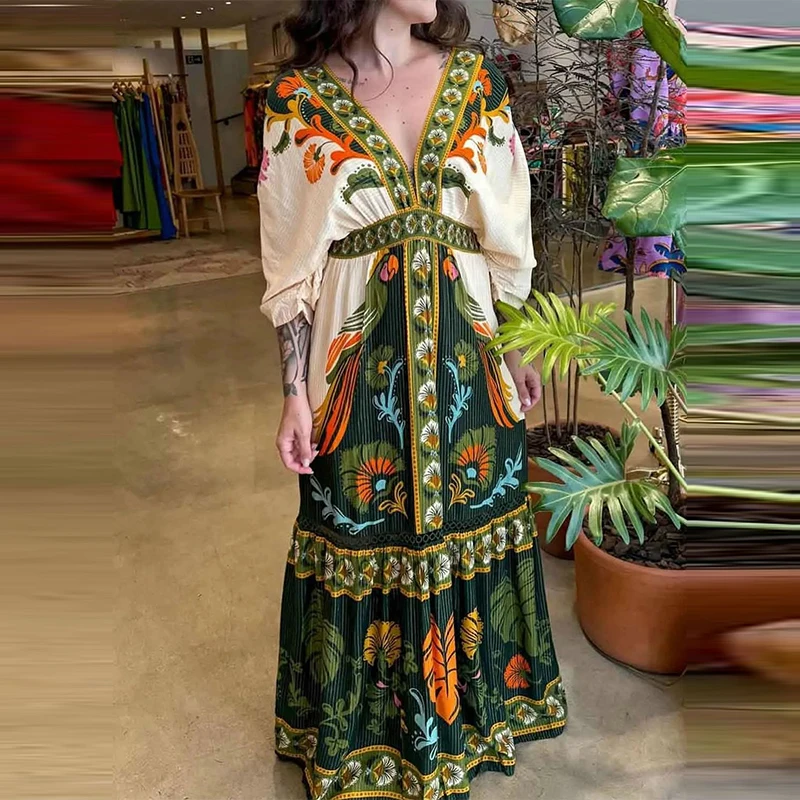 Retro Ethnic Print Loose Bohemian Dress Lady Sexy V-neck Hight Waist Pleat Long Dress Casual Drawstring Short Sleeve Party Dress
Retro Ethnic Print Loose Bohemian Dress Lady Sexy V-neck Hight Waist Pleat Long Dress Casual Drawstring Short Sleeve Party Dress