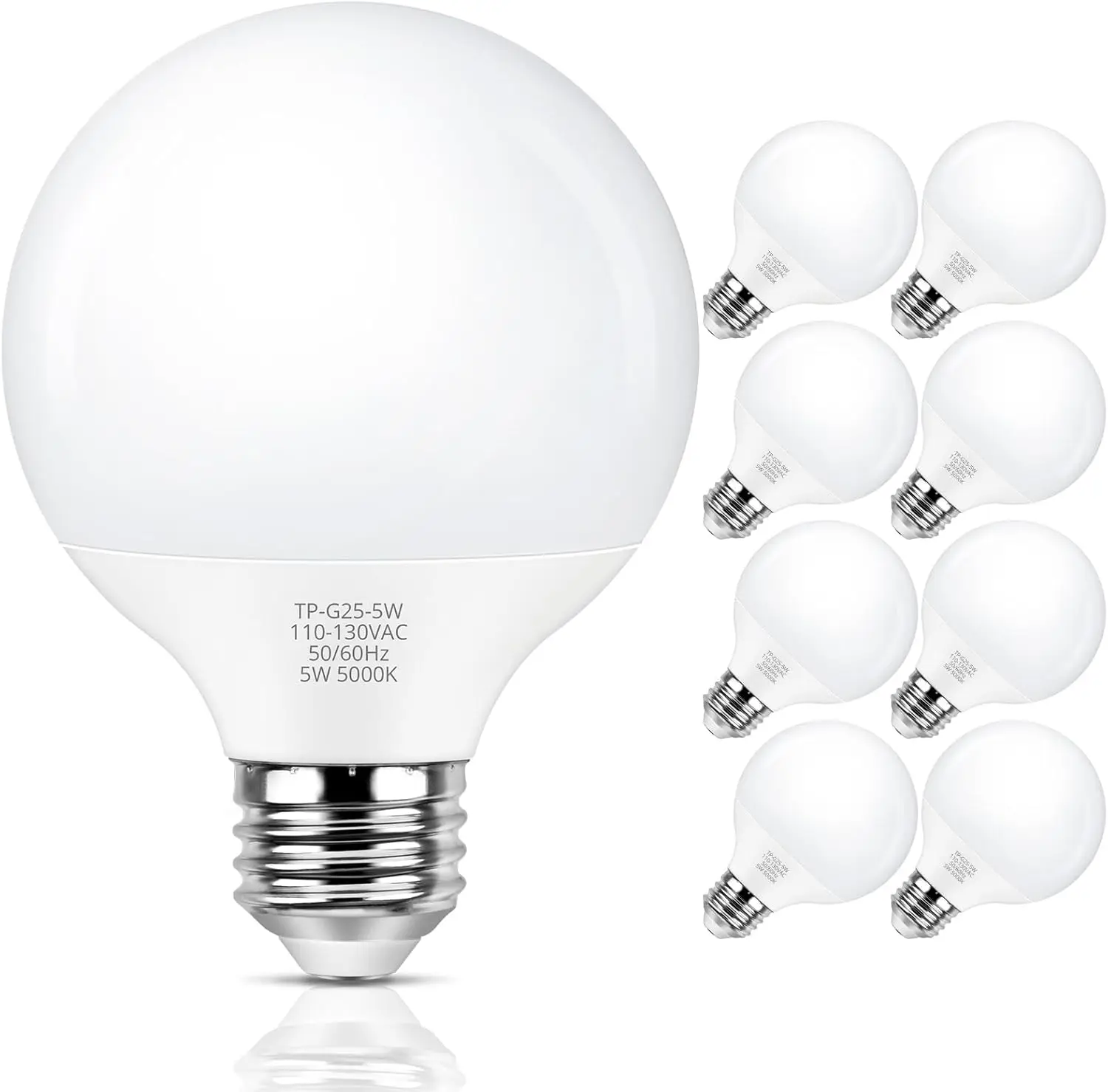 G25 LED Globe Light Bulb 60W Equivalent, Daylight 5000K, E26 Vanity Bulbs for Bathroom Makeup Mirror, Non-Dimmable, 8-Pack
G25 LED Globe Light Bulb 60W Equivalent, Daylight 5000K, E26 Vanity Bulbs for Bathroom Makeup Mirror, Non-Dimmable, 8-Pack