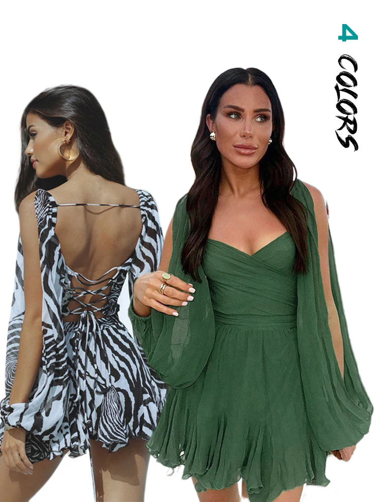 Summer Women Solid Pleated Dress Elegant Ruffles V-neck Long Sleeve Mini Dress Female Bandage Lace Up Casual Beach Party Dress
Summer Women Solid Pleated Dress Elegant Ruffles V-neck Long Sleeve Mini Dress Female Bandage Lace Up Casual Beach Party Dress