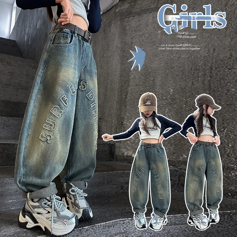 Girls Jeans Ages 4-14Y Child American Style Pants Kid Vintage Washed Denim Letter Round Embroidery Design Student Loose Bottom
Girls Jeans Ages 4-14Y Child American Style Pants Kid Vintage Washed Denim Letter Round Embroidery Design Student Loose Bottom