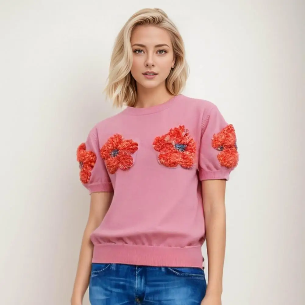 Lightweight Pink Sweater Elegant Floral Knit Tops Women's Round Neck Short Sleeve Sweater with 3d Flower for Daily
Lightweight Pink Sweater Elegant Floral Knit Tops Women's Round Neck Short Sleeve Sweater with 3d Flower for Daily