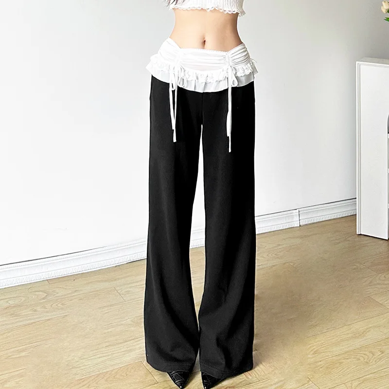 Europe and the United States style summer new women's street fashion high waist splicing strap casual straight leg pants 
Europe and the United States style summer new women's street fashion high waist splicing strap casual straight leg pants