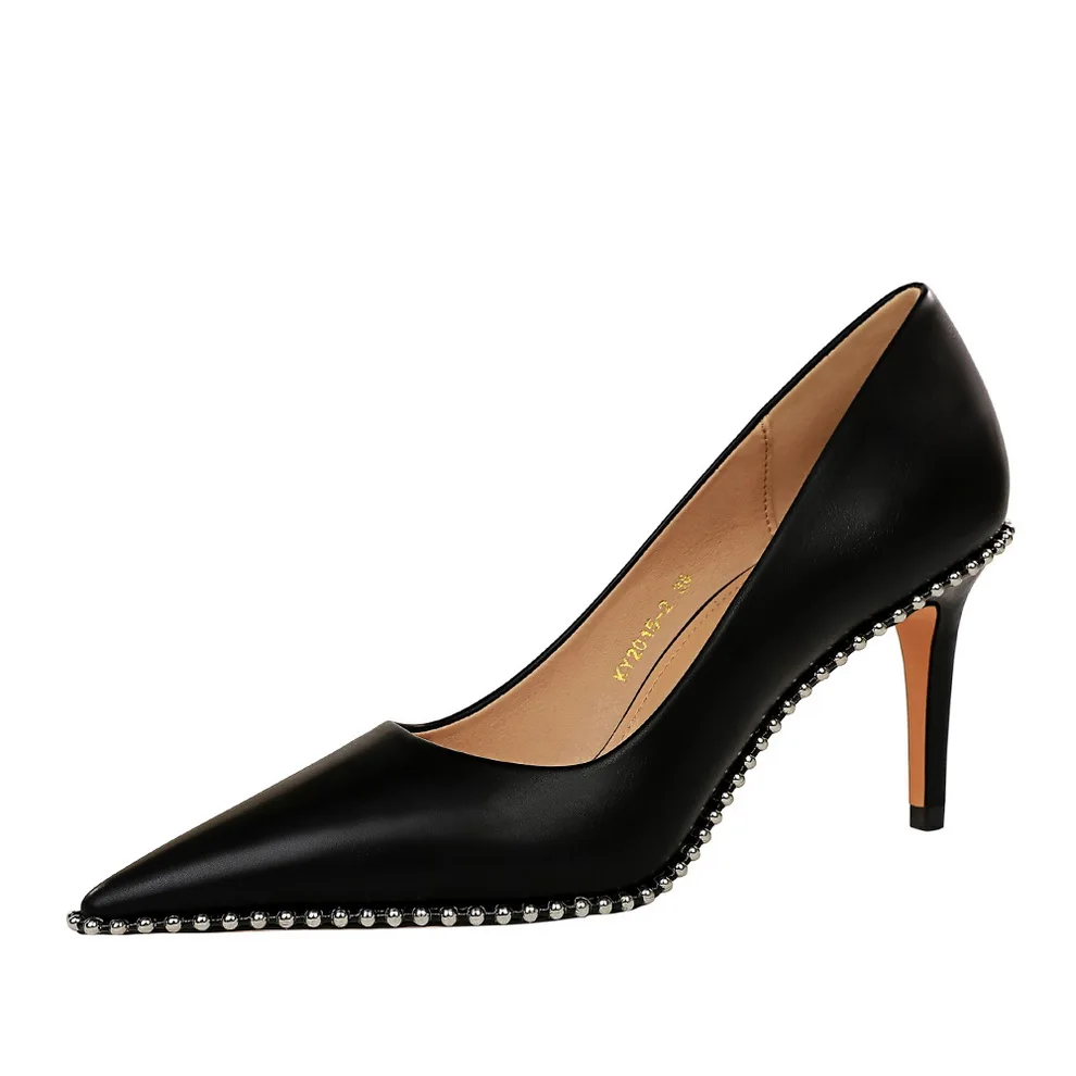 High Heels Shoes Women Pointed Toe Pumps Metal Beads Design PU Leather Ladies Shoes New Arrival
High Heels Shoes Women Pointed Toe Pumps Metal Beads Design PU Leather Ladies Shoes New Arrival