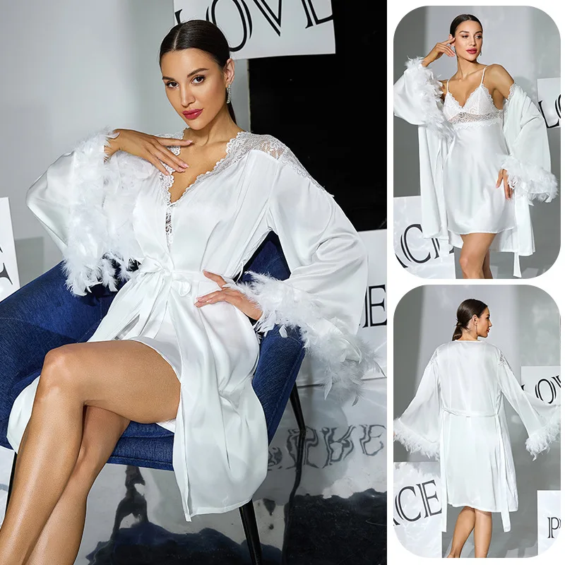 Women Satin Pajama Set Sexy Lace Camisole Nightgown Feather Trim Robe Bridal Sleepwear 2 PCS Set Wedding Nightdress Loungewear
Women Satin Pajama Set Sexy Lace Camisole Nightgown Feather Trim Robe Bridal Sleepwear 2 PCS Set Wedding Nightdress Loungewear