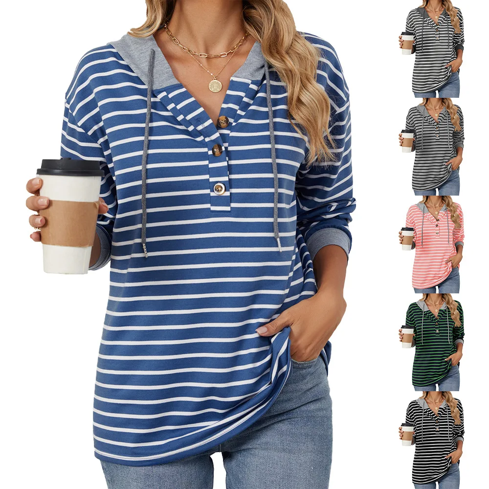 Women's Hooded Sweatshirt Striped Long-sleeved Spring Autumn Button Pullovers Streetwear Loose Casual Colors Patchwork Hoodies
Women's Hooded Sweatshirt Striped Long-sleeved Spring Autumn Button Pullovers Streetwear Loose Casual Colors Patchwork Hoodies