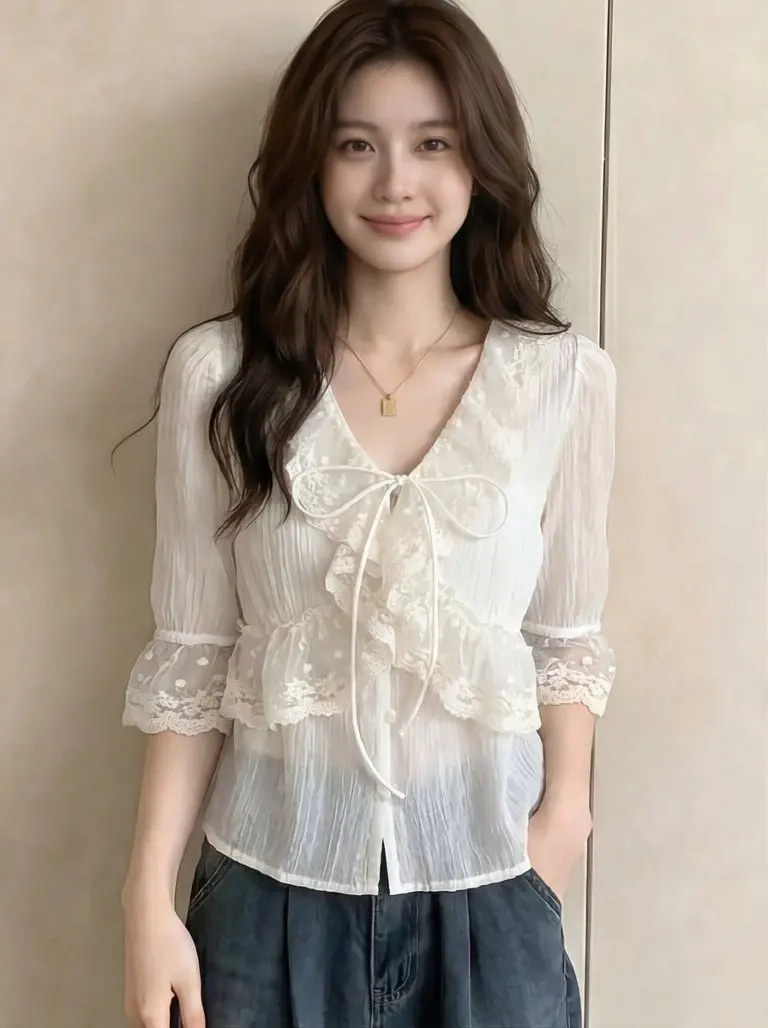 French Style V-Neck Bubble Sleeve Shirt Women's Summer New Thin Design Lace Open Cardigan Top Breathable Lightweight Pol...
French Style V-Neck Bubble Sleeve Shirt Women's Summer New Thin Design Lace Open Cardigan Top Breathable Lightweight Pol...