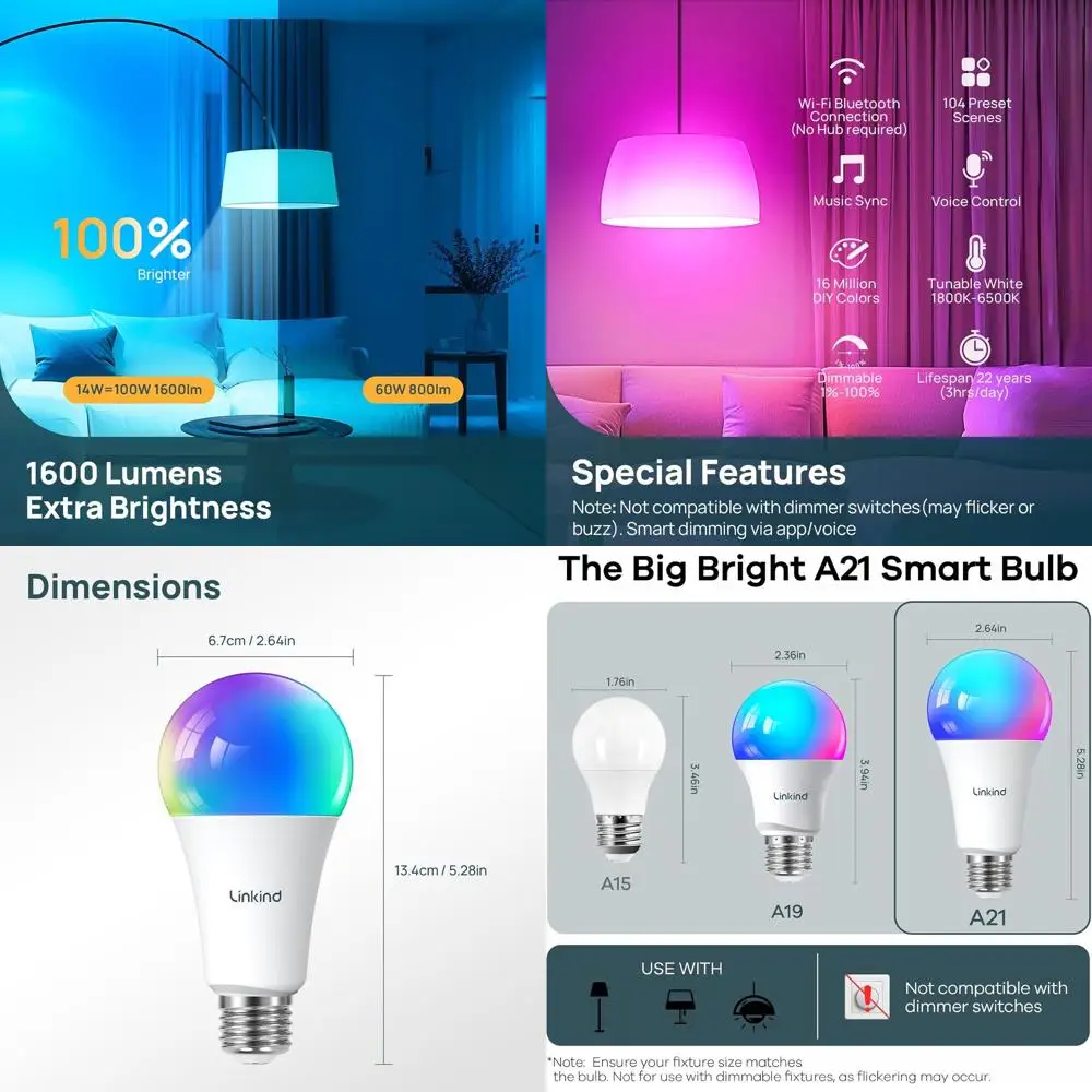 6-Pack 14W RGBTW Smart LED Bulbs, 1600LM, Compatible with Alexa, Music Sync, Wi-Fi & Bluetooth, A21 E26 Base
6-Pack 14W RGBTW Smart LED Bulbs, 1600LM, Compatible with Alexa, Music Sync, Wi-Fi & Bluetooth, A21 E26 Base