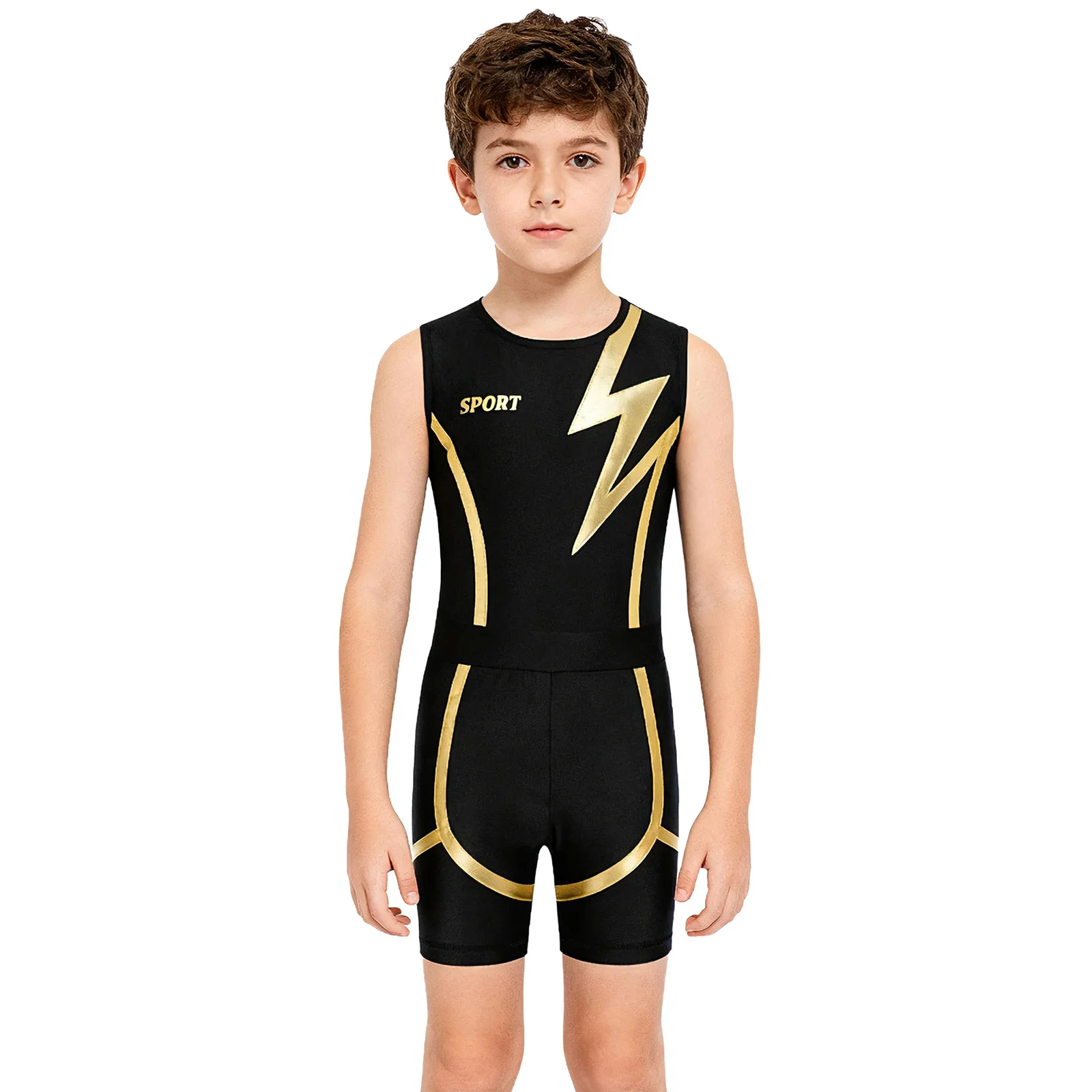 Kids Boys Metallic Gymnastics Swimwear Outfit Sleeveless Press Button Crotch Leotard with Shorts for Diving Swimming Bodysuits
Kids Boys Metallic Gymnastics Swimwear Outfit Sleeveless Press Button Crotch Leotard with Shorts for Diving Swimming Bodysuits