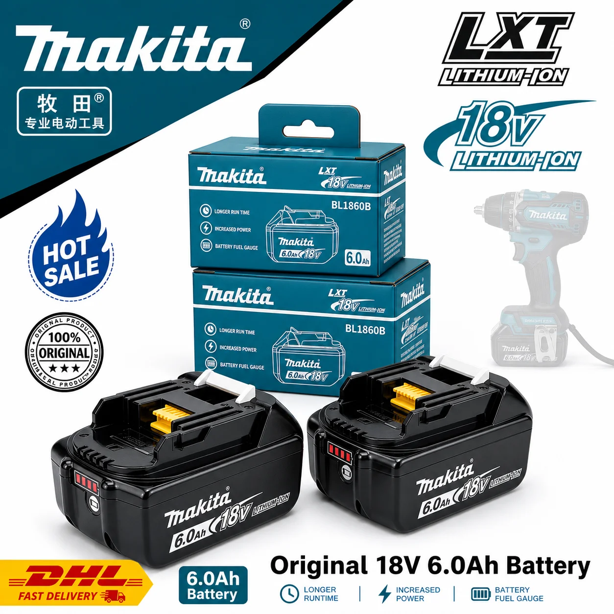 100% Original Genuine Makita 18V 6.0Ah High Capacity Lithium Battery & Charger for Cordless Power Tools
100% Original Genuine Makita 18V 6.0Ah High Capacity Lithium Battery & Charger for Cordless Power Tools