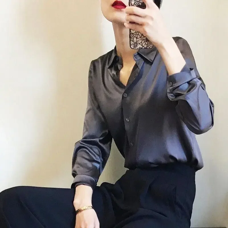 Spring Autumn Satin Face Shirts WomenTurn-down Collar Solid Single Breasted Long Sleeve Temperament Office Lady Blouses E6386
Spring Autumn Satin Face Shirts WomenTurn-down Collar Solid Single Breasted Long Sleeve Temperament Office Lady Blouses E6386