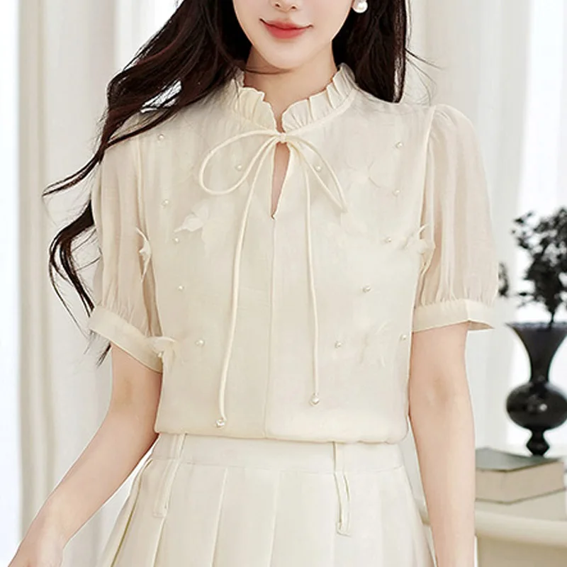 Summer Short Sleeve Ruffled Sweet Elegant Women Blouse Solid Chiffon Blouse Shirt Women Tops Blusas De Mujer Camisas 2025 N609
Summer Short Sleeve Ruffled Sweet Elegant Women Blouse Solid Chiffon Blouse Shirt Women Tops Blusas De Mujer Camisas 2025 N609